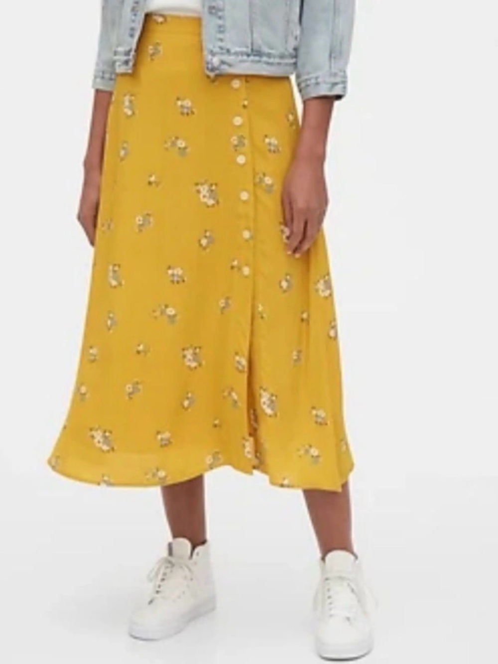 GAP Yellow Floral Midi Skirt with Buttons Size 4 - Picture 2 of 7
